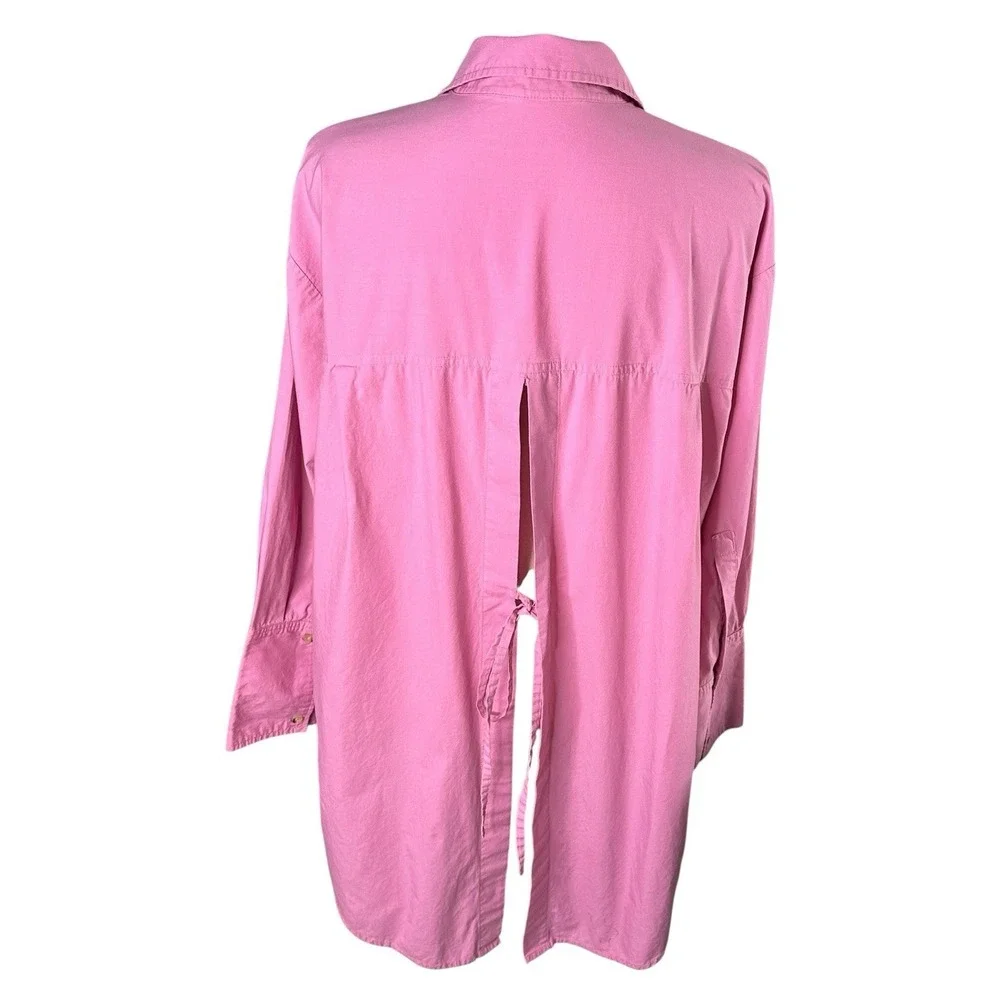 Free People Oversized Button Down Pink Open‎ Tie Back Shirt Size Small